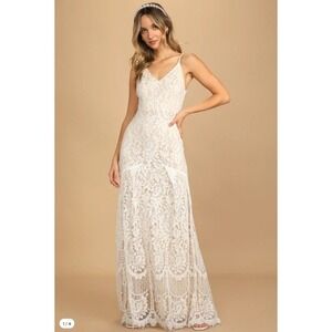 Lulus White Lace Mermaid Maxi Dress XS Bridal High Low V-Neck Wedding